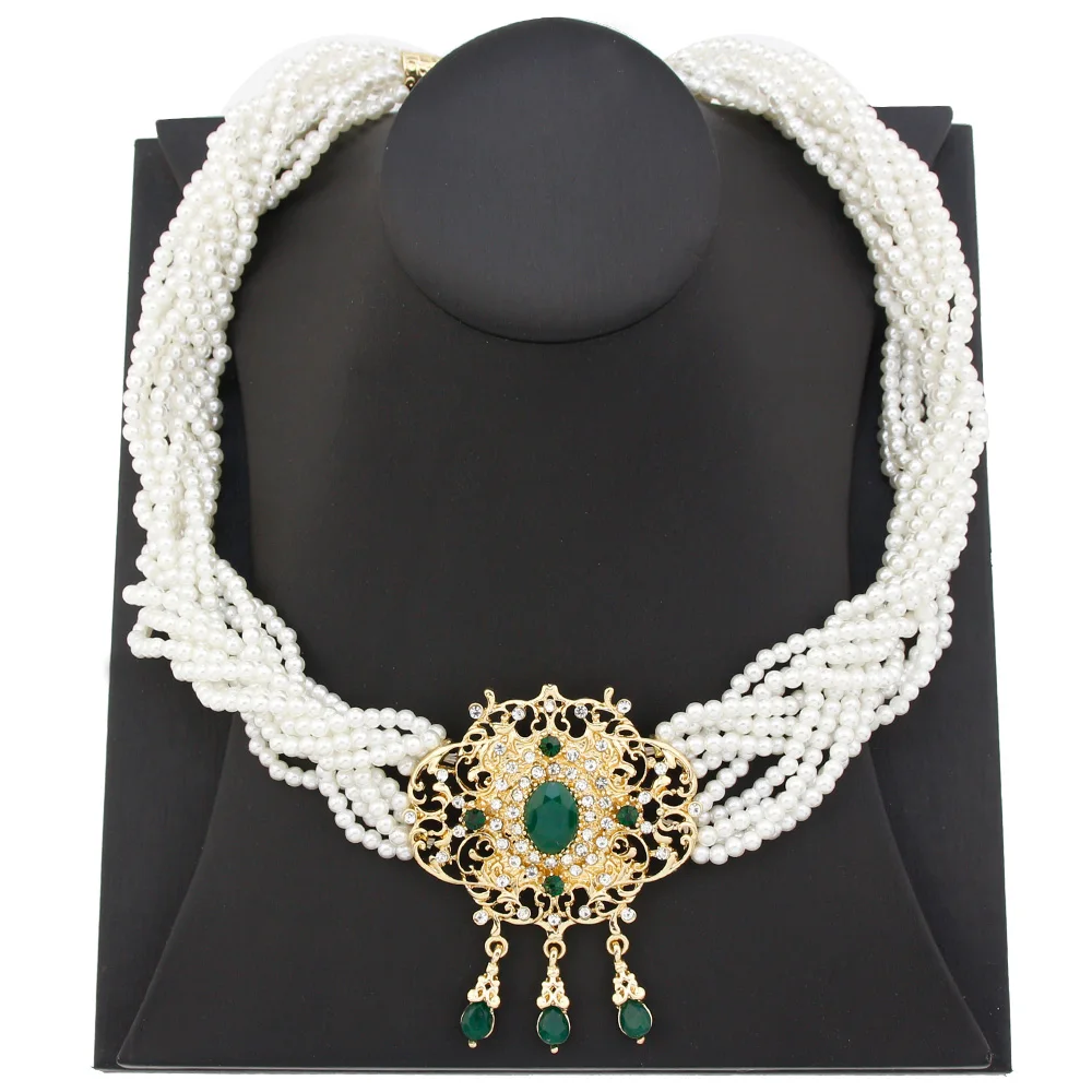 

Neovisson Luxuriant Gold Color Morocco Bead Necklace Aristocratic Women Jewelry Algeria Bride Pearl Layer Necklace Gift