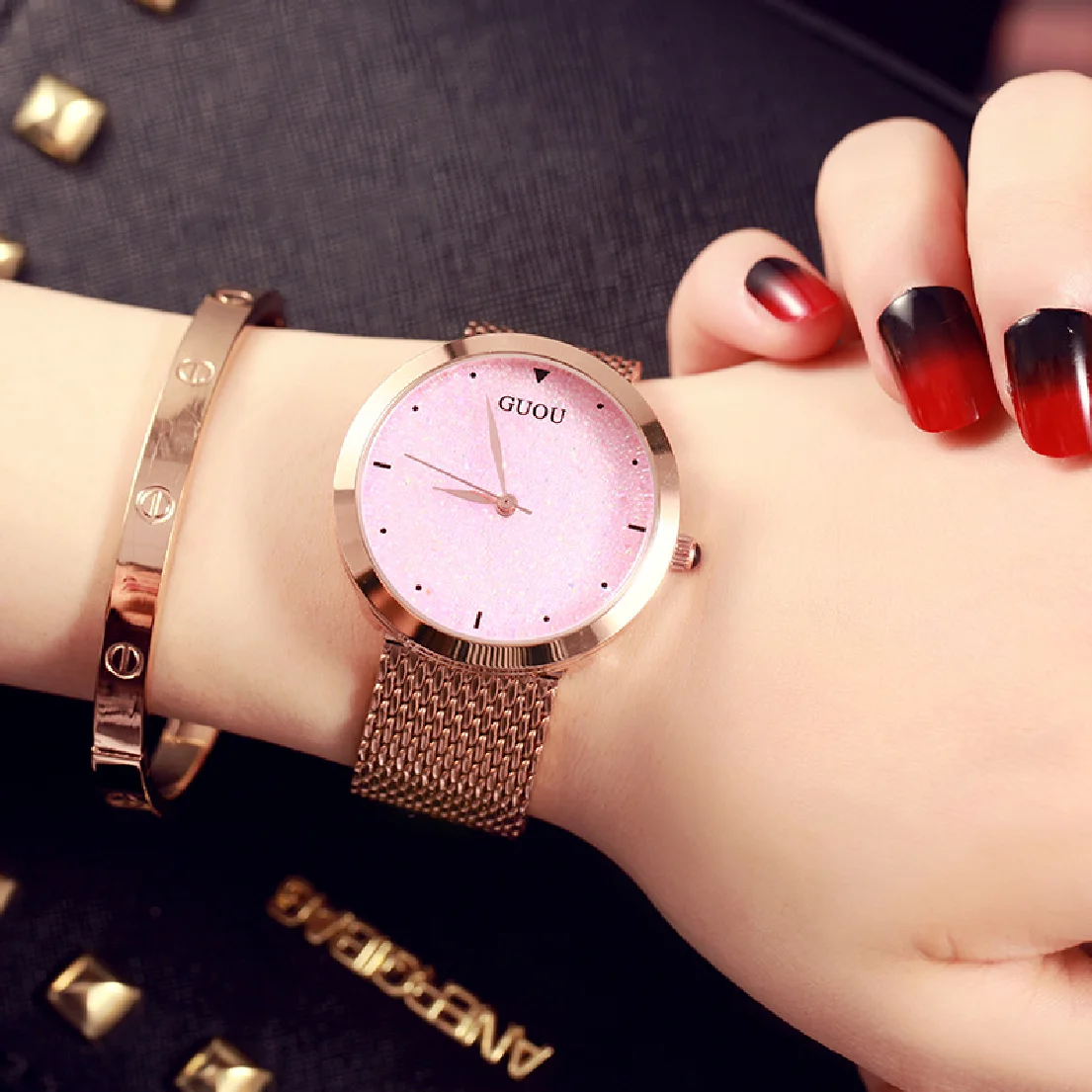 

2019 Fashion Guou Women Luxury Rose Gold Simple Quartz Watch Casual Metal Mesh Stainless Steel Dress Wristwatches Hot Sale Reloj