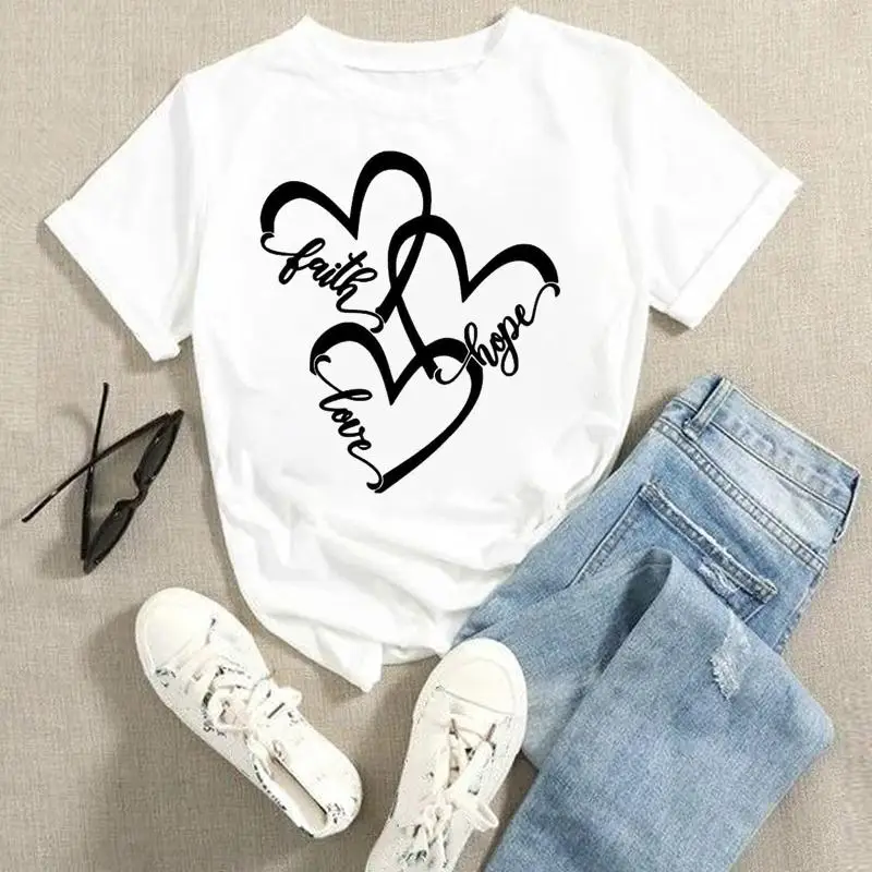 

Женские футболки с рисунком, летние модные футболки в стиле 90-х с надписью Faith Love Heart, топы, женская одежда, футболка с коротким рукавом