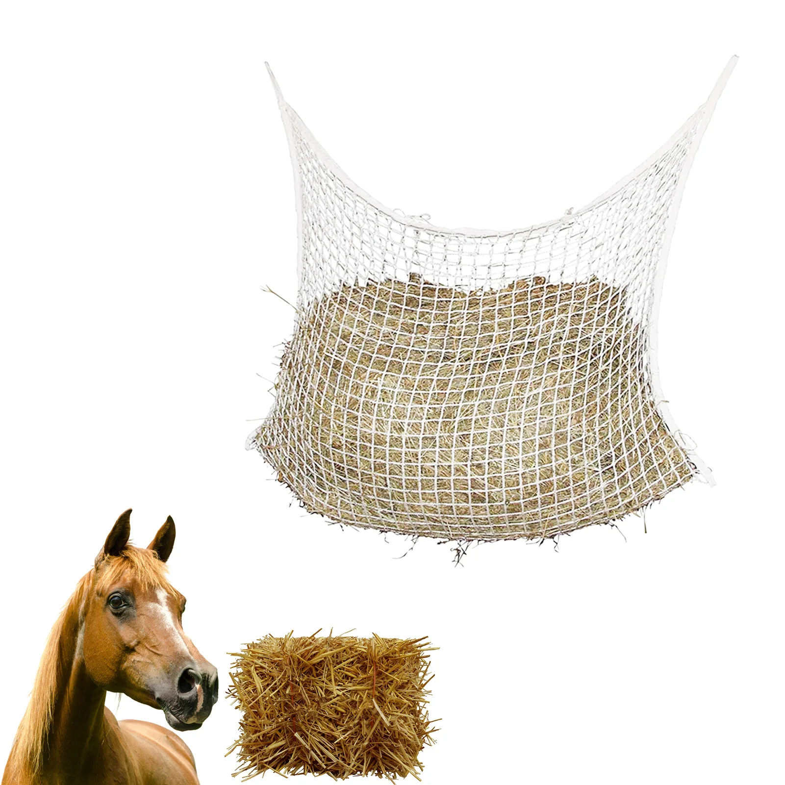 Bolsa de red de heno para comedero de caballo, bolsa de alimentación lenta para alimentación de día completo, alimentador grande con agujeros pequeños, suministros ecuestres