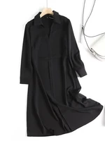 yenkye new autumn fashion women lapel a line elegant dress vintage black long sleeve office ladies simple dress