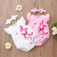 hot selling baby summer clothes butterfly print flying sleeve cotton baby bodysuitsheadband baby girl clothes baby romper 0 18m