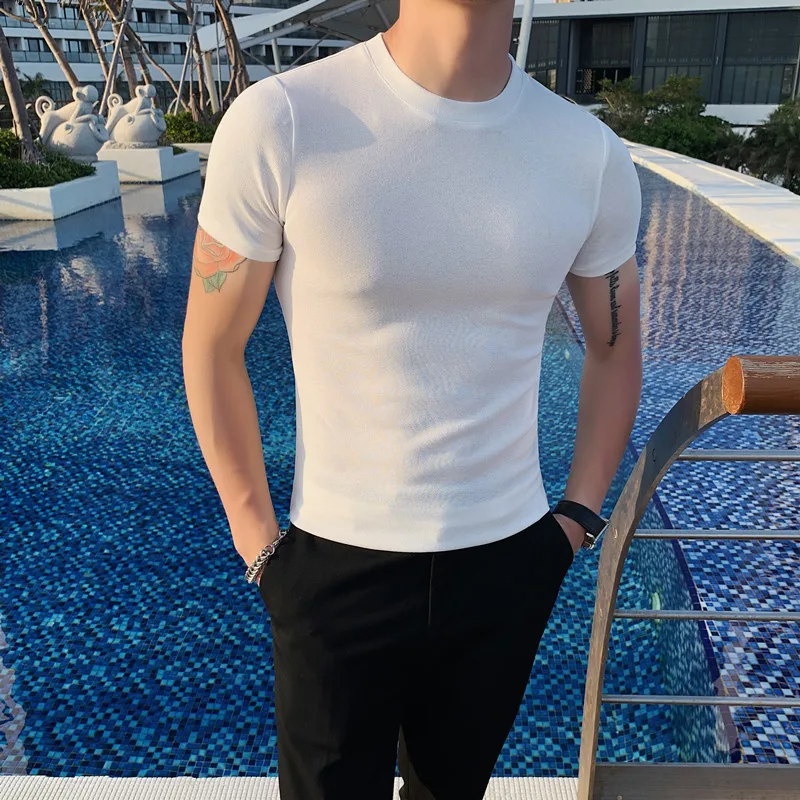 

Summer thin knit short sleeve T-shirt men's new British style Korean pullover casual fashion slim stretch solid color T-shirt