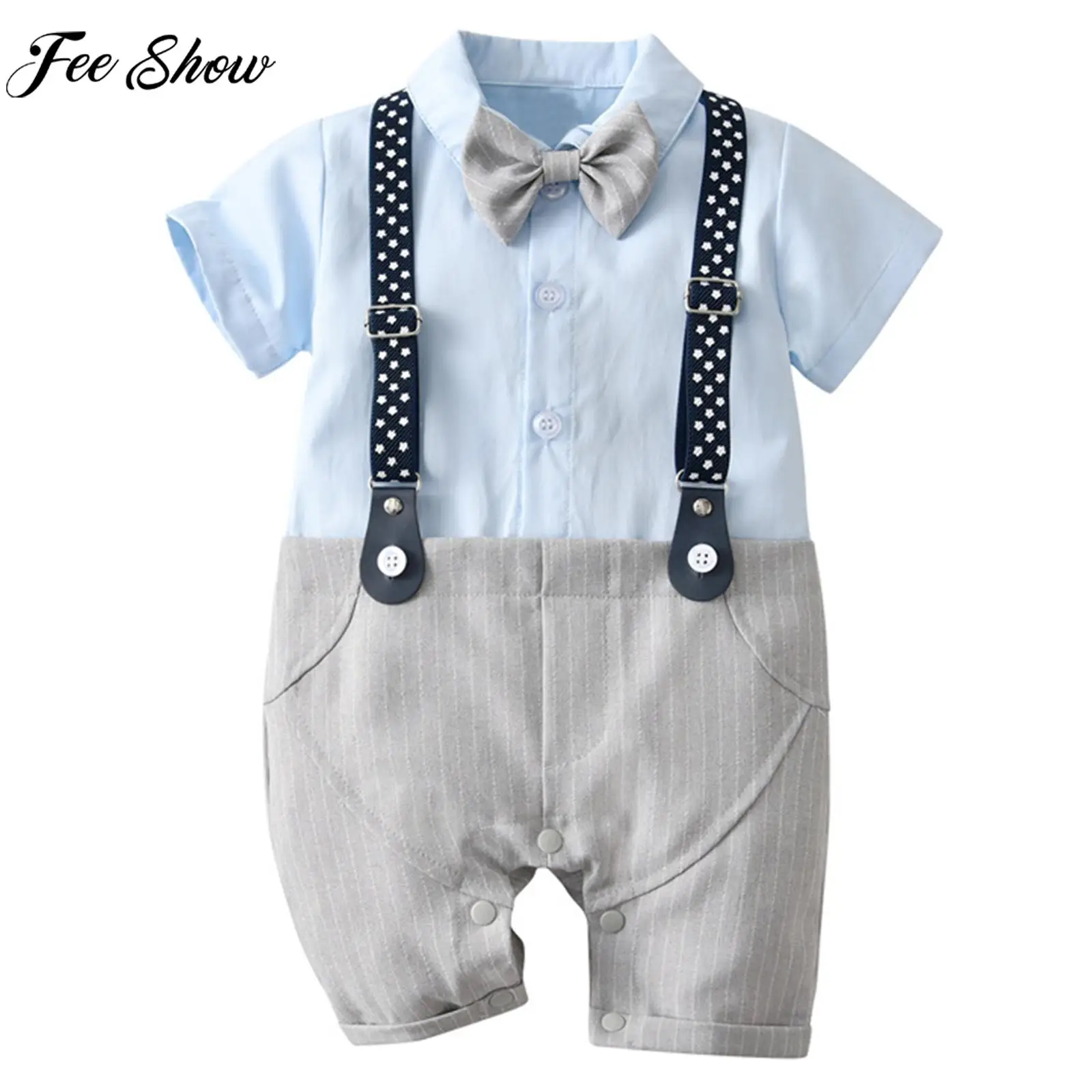 

Baby Boys Gentleman Romper Short Sleeve Turndown Collar Bow Suspender Bodysuit Christening Birthday Party Photography Clothes