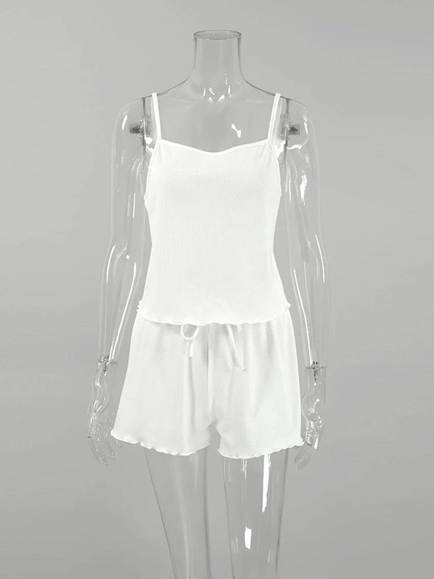Marthaqiqi Comfort Women'S Pajama Set Sexy Spaghetti Strap Sleepwear Sleeveless Nightie Drawstring Shorts Femme New Pyjamas Suit