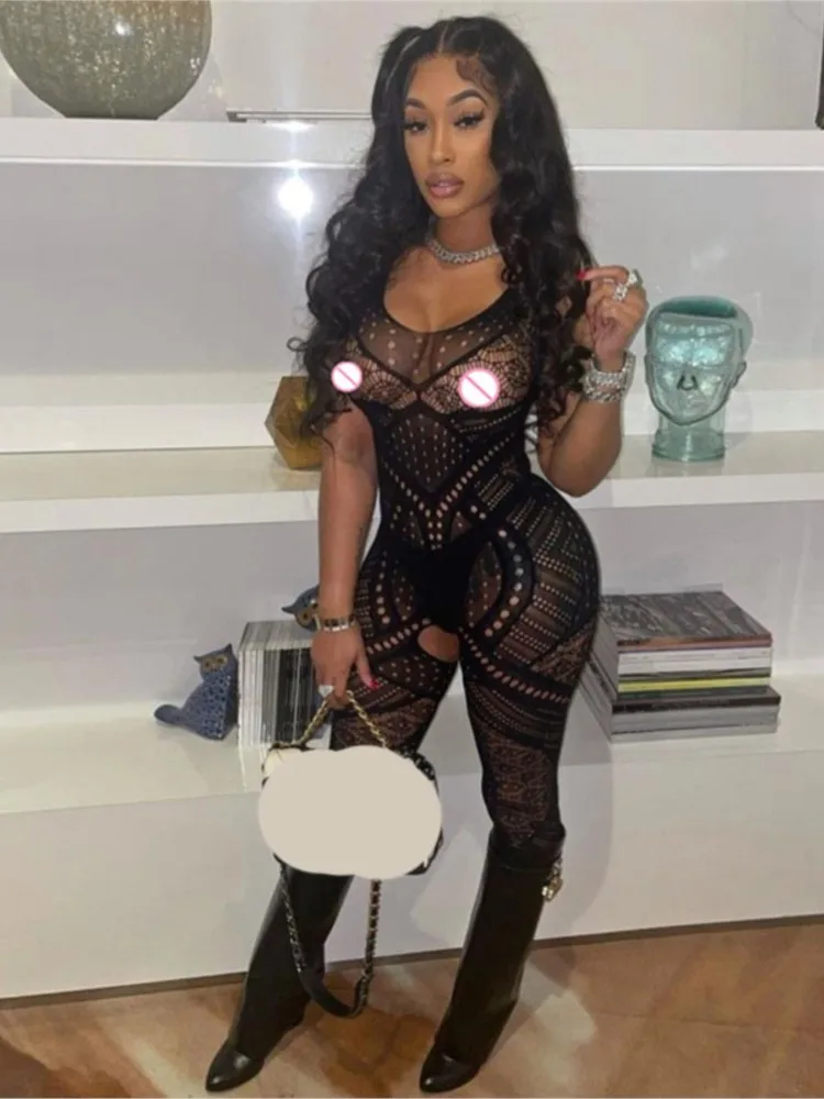 Женский кружевной комбинезон с открытой спиной черный прозрачный без рукавов