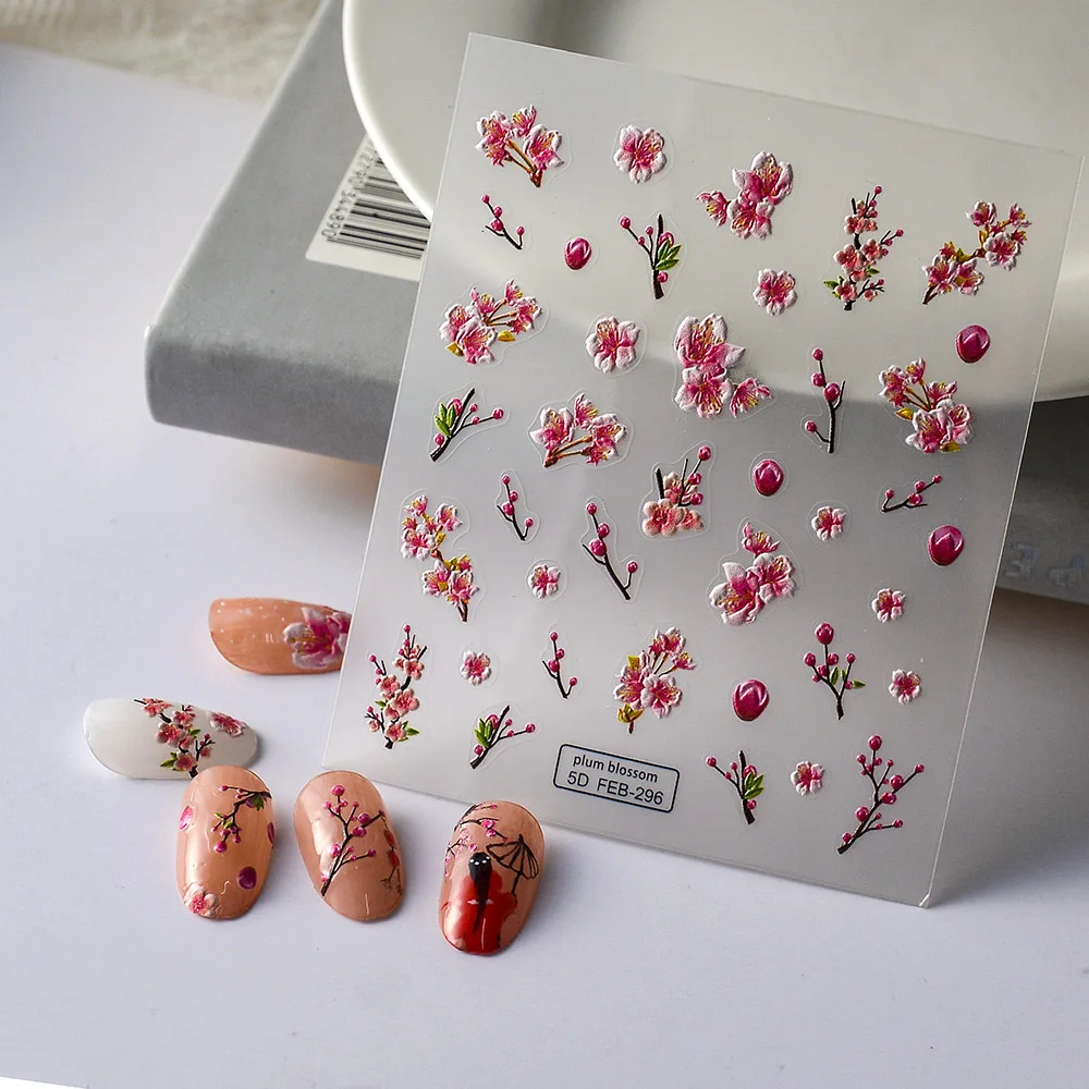 New Pink Flowers Embossed Nail Art Stickers 5D Waterproof Ultra Thin Design Decor Sliders Charms Manicure Decals Nails Supplies