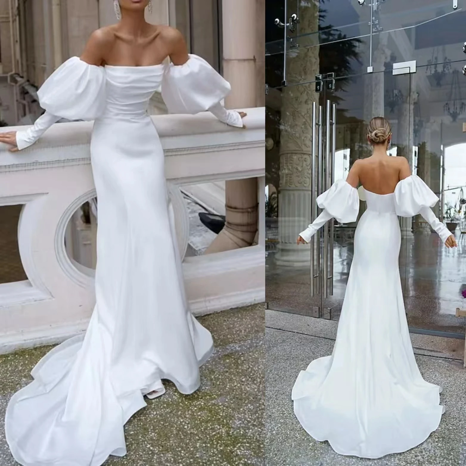 

Женское атласное платье с юбкой годе, длинным рукавом и открытыми плечами