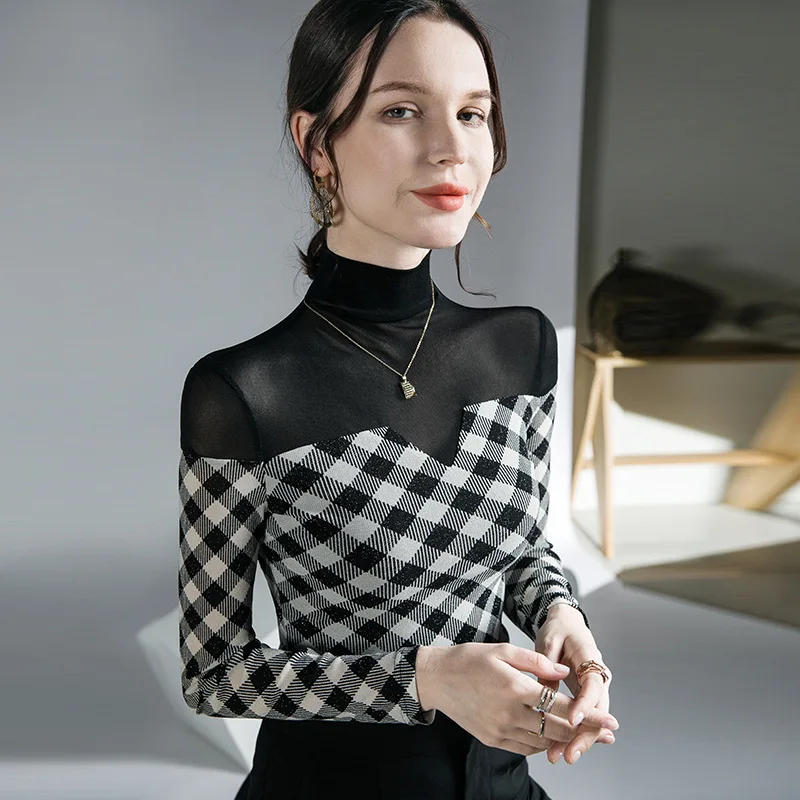 

High Quality 2023 Women Tops Lattice Gauze T-shirt Female Clothing Winter Autumn Sexy Crop Top Clothes Casual Blouse Y2k Girl