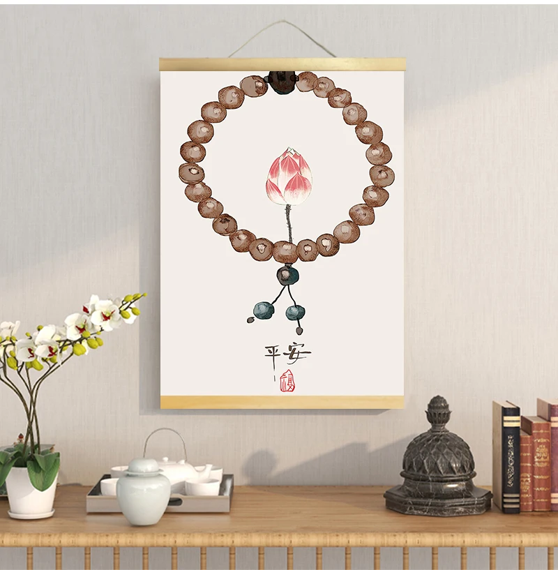 Chinese Style green plants canvas decorative painting Store bedroom living room wall art solid wood scroll home decor |