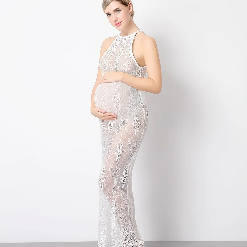 

Lace Stretch Perspective Maternity Photography Dress Halter Dress Sexy Tight Maternity Dress Floral Decorate Photography Props