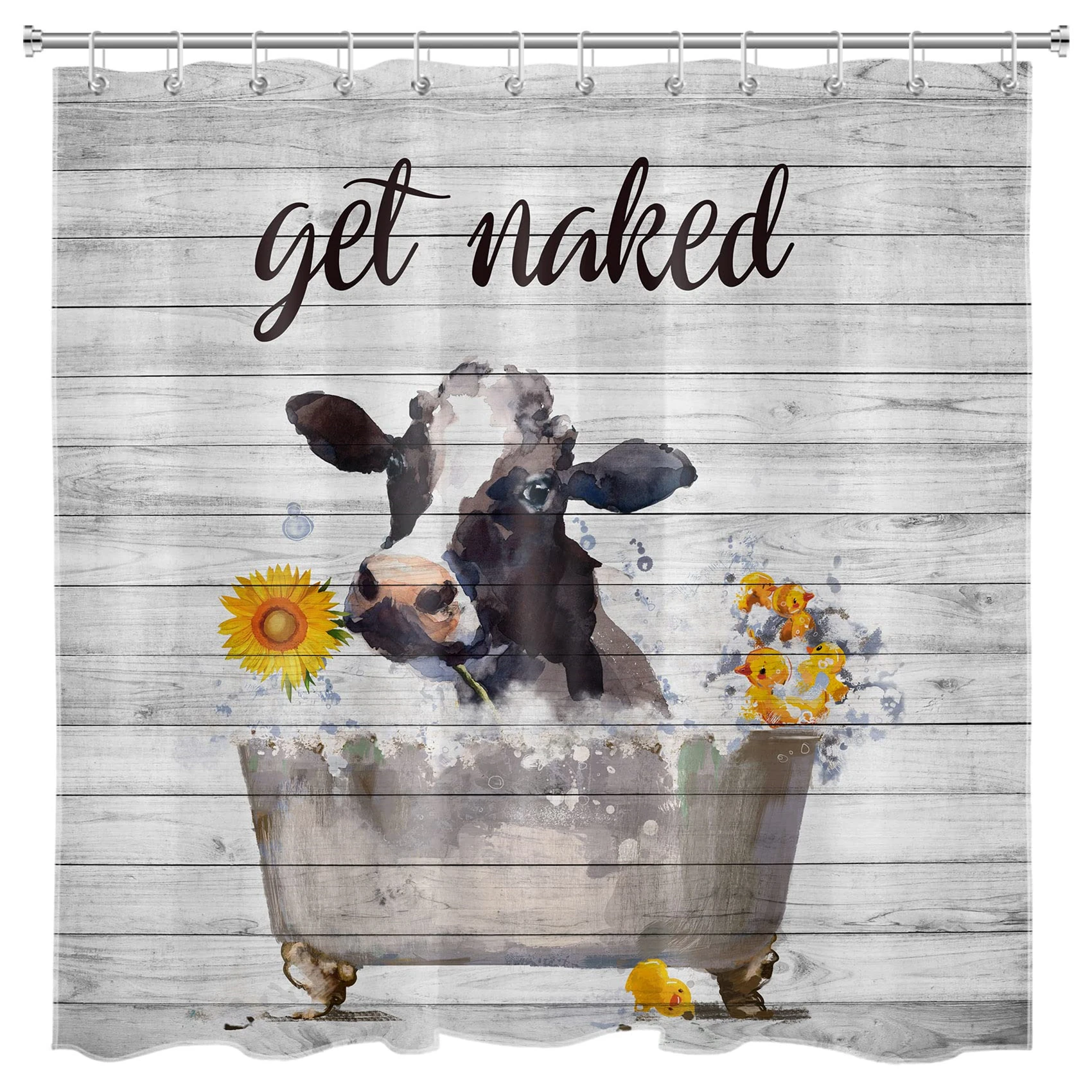 

Get Naked Cow Shower Curtain Funny Rustic Wooden Bull Western Animal Portrait Waterproof Bathroom Decor Set Farmhouse Highland