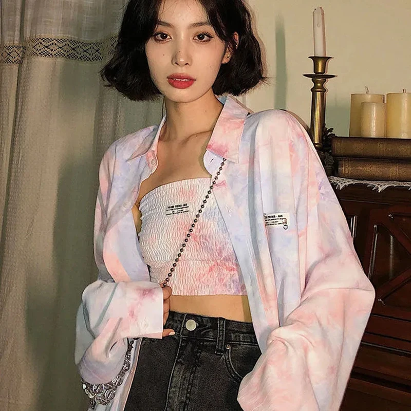 

Tie-Dye Long Sleeve T-Shirts for Women 2023 Spring Single Breasted Loose Long Blouse Woman Korean Style Turn Doen Collar Shirts