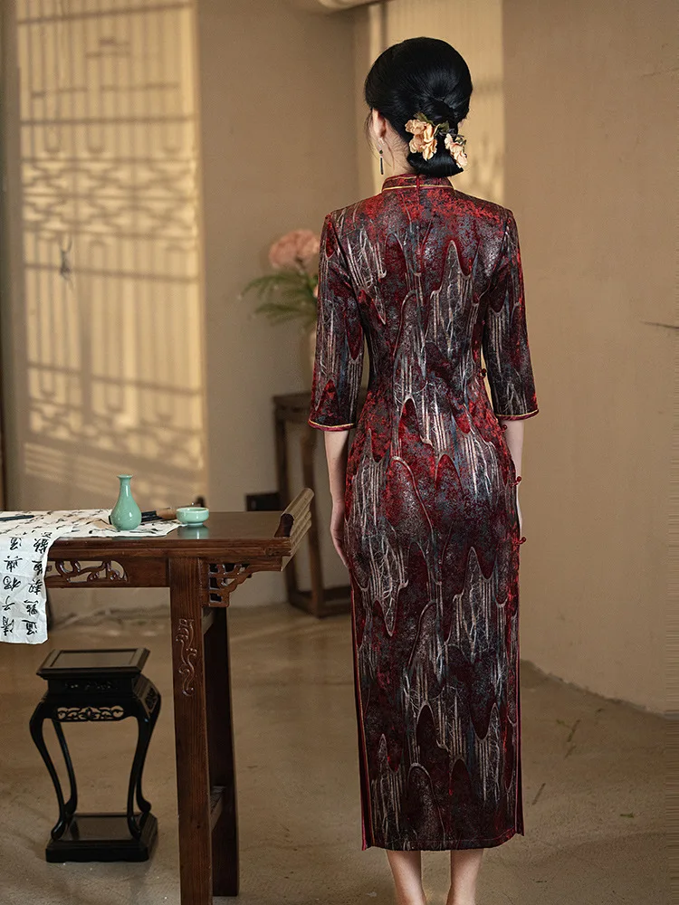 Женское осенне-зимнее бархатное платье Cheongsam традиционное китайское вечернее