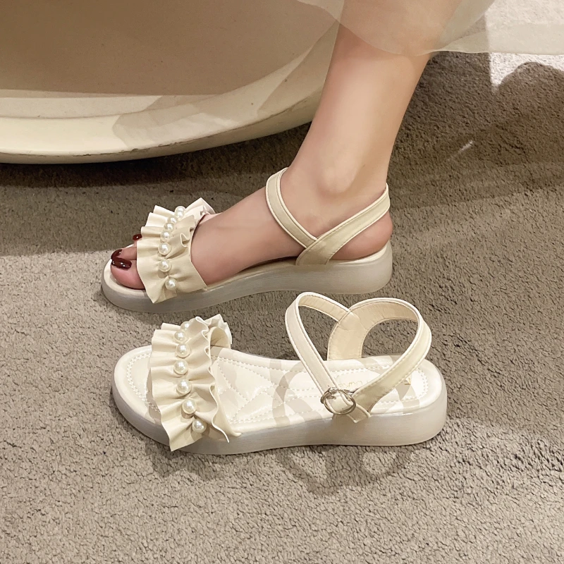 

Elegant Pearl Sandals Summer Fairy Style Fashion Square Toe Lace String Bead Party Wedding High Heels Square Mid Heel Rome Shoes