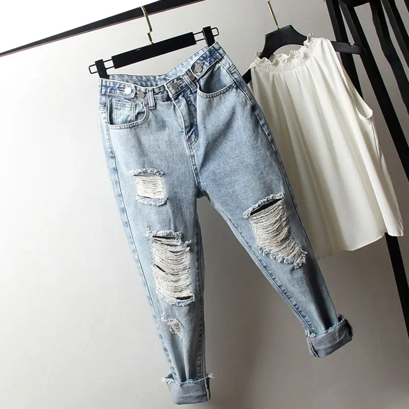 

2022 Woman Denim Blue High Wait Pants Autumn Female Ripped Clothing Jeans Ladies Fashion Loose Wide Leg Pockets Trousers G28
