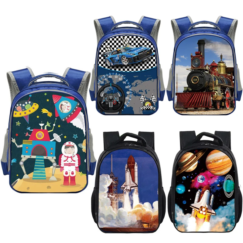 Детский рюкзак с изображением ракеты, локомотива, детские школьные ранцы для мальчиков и девочек, паровой поезд, космический корабль, детск...