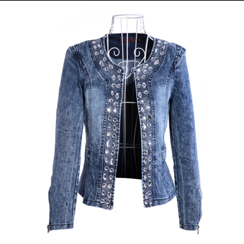 

Women Diamonds Beaded Washed Denim Jacket Spring Autumn Sequined Jeans Coat Fit Long Sleeved Rhinestones Cowboy Cardigan Tops