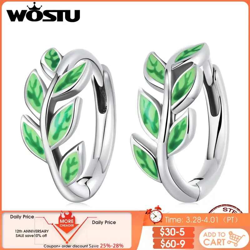 

WOSTU Ear Buckles 925 Sterling Silver Spring Plants Green Leaf Hoop Earrings For Women S925 2022 Trend Party Jewelry FIE1392