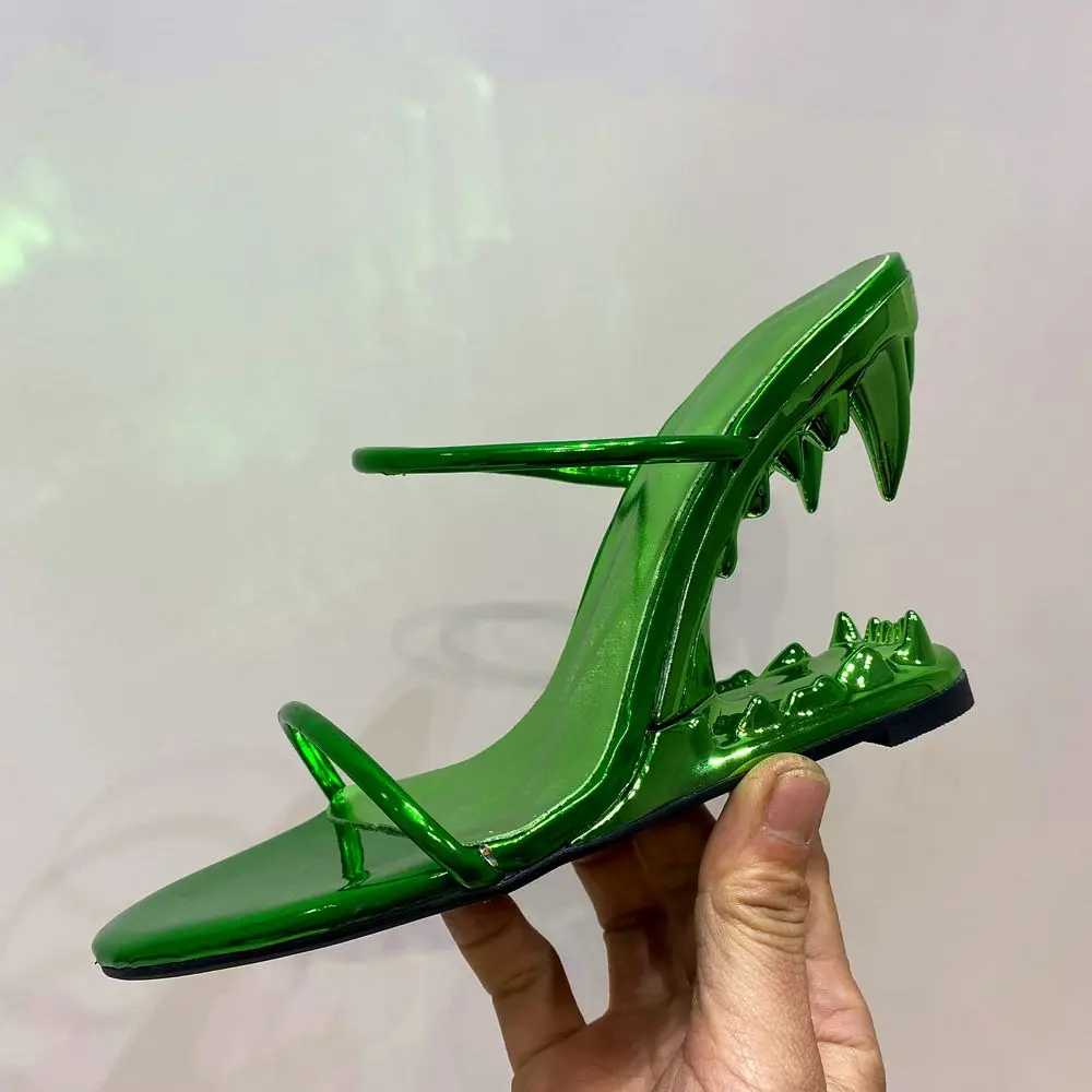 Women Gold Fretwork Teeth Heels Sandals Double Thin Strap Lady Summer New Toothed Shark Mouth High Heel Slippers Round Toe Shoes