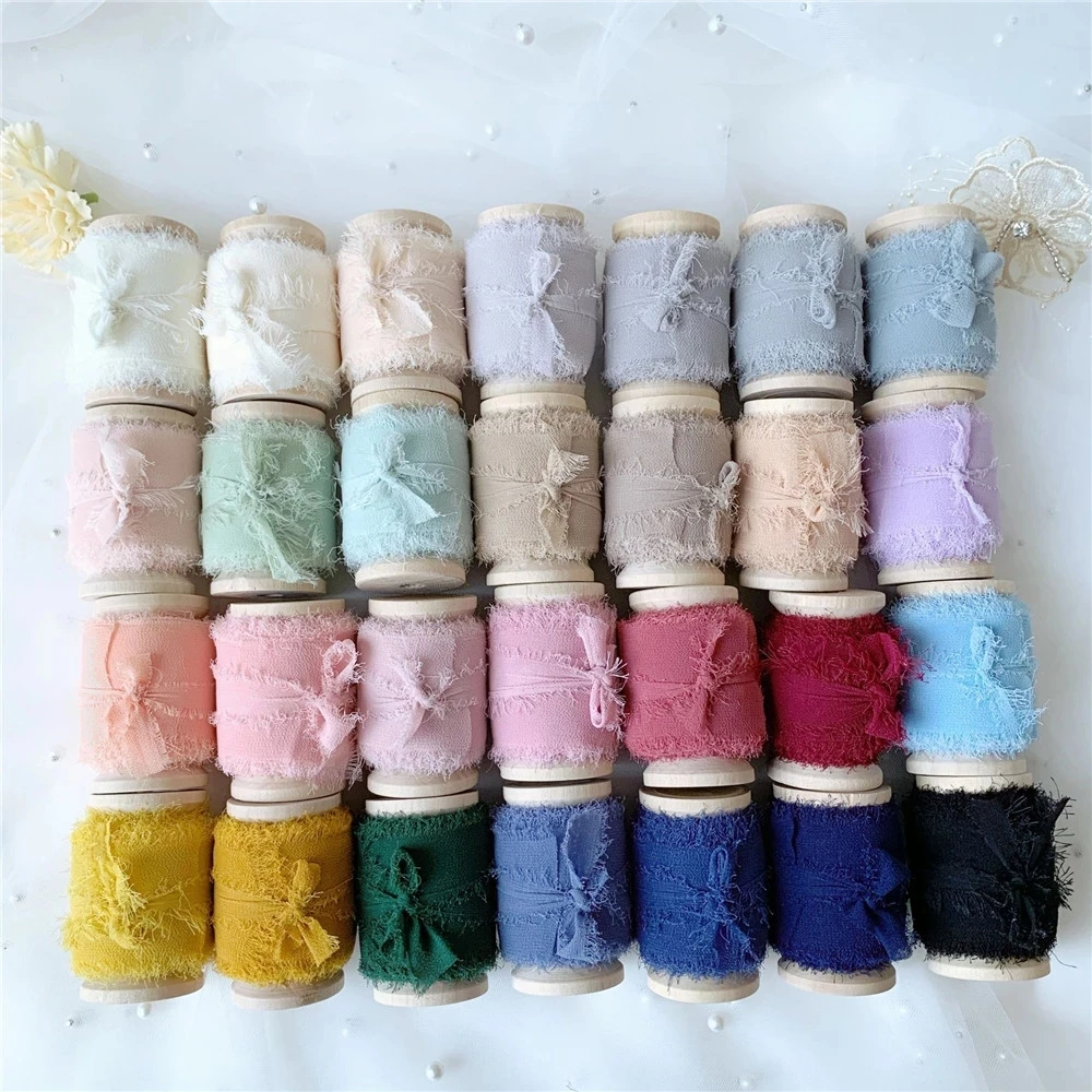 

4cmx5.5m Handmade Frayed Edged Chiffon Silk Ribbon with Wood Spool Wedding Invitation Bouquets Sheer Fringe Ribbon Craft Flatlay