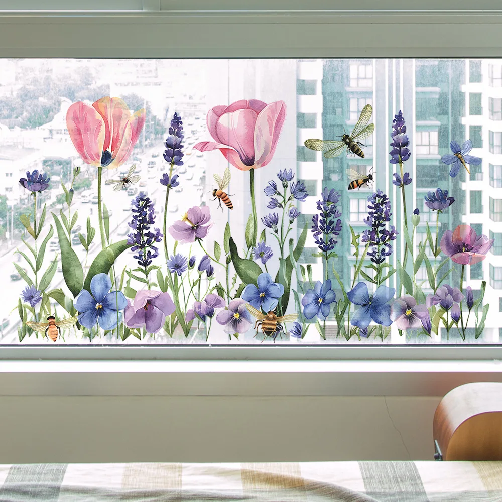 Цветочные статические наклейки на окна и зеркала для украшения ванной комнаты