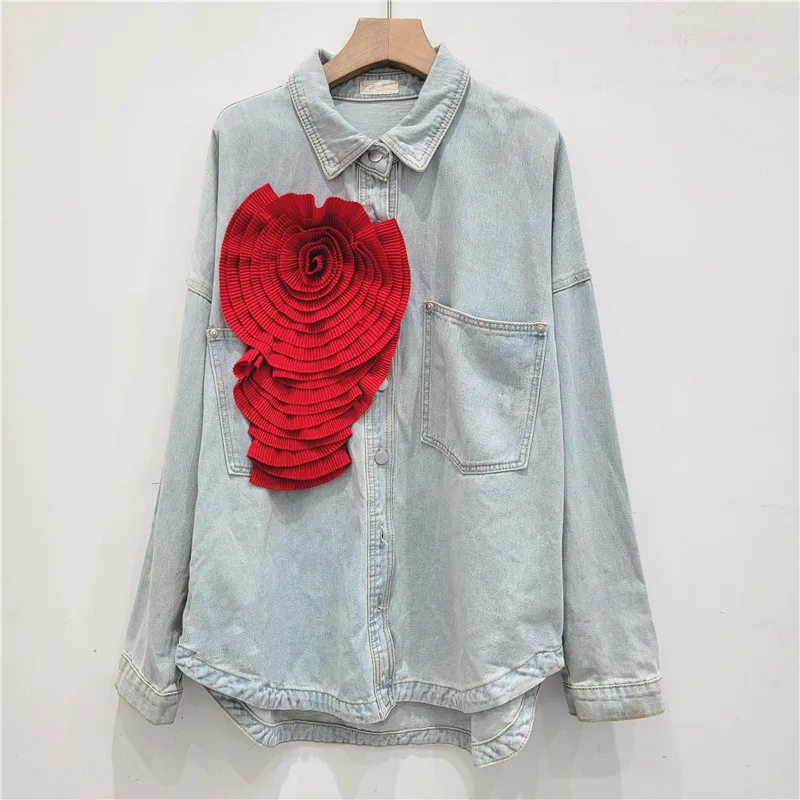 Женская джинсовая рубашка с длинным рукавом объемная плиссированная цветочным