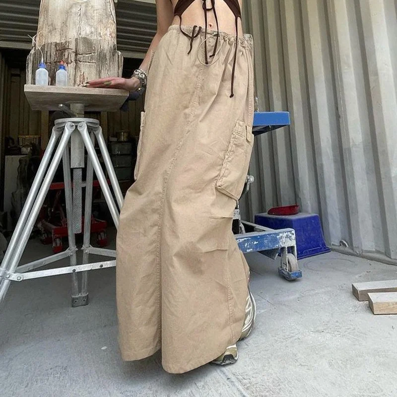 

hirigin Grunge Aesthetic Cargo Skirts y2k Women Low Waist Long Skirts with Pockets 2000s Fairycore Harajuku Skirt Streetwear
