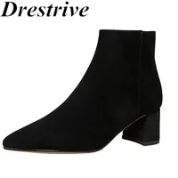 Drestrive 2022 Classic Women Ankle Boots Zipper Pointed Toe Cow Suede Size 43 Thick Mid Heels Winter Shoes Gray On Sale