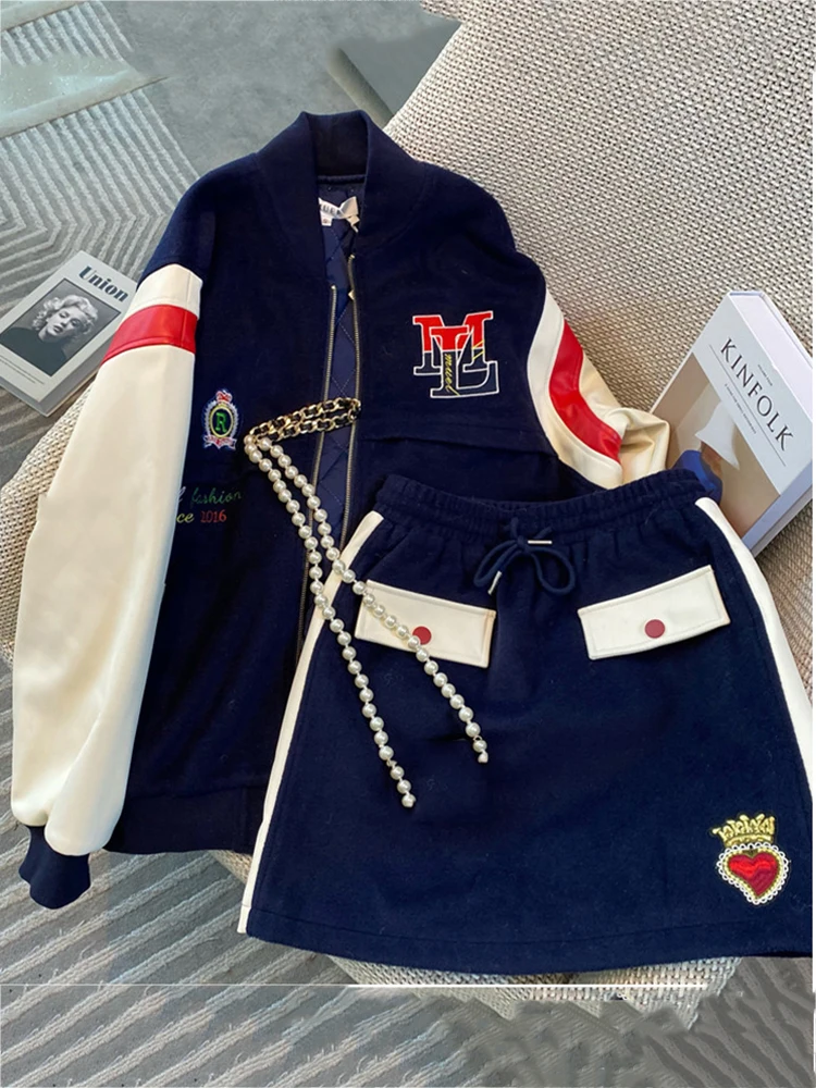 

Женский комплект из двух предметов, винтажный комплект из двух предметов, бейсбольная куртка с длинным рукавом, свободная Базовая куртка, мини-юбка с высокой талией, повседневные костюмы из 2 предметов, весна 2023