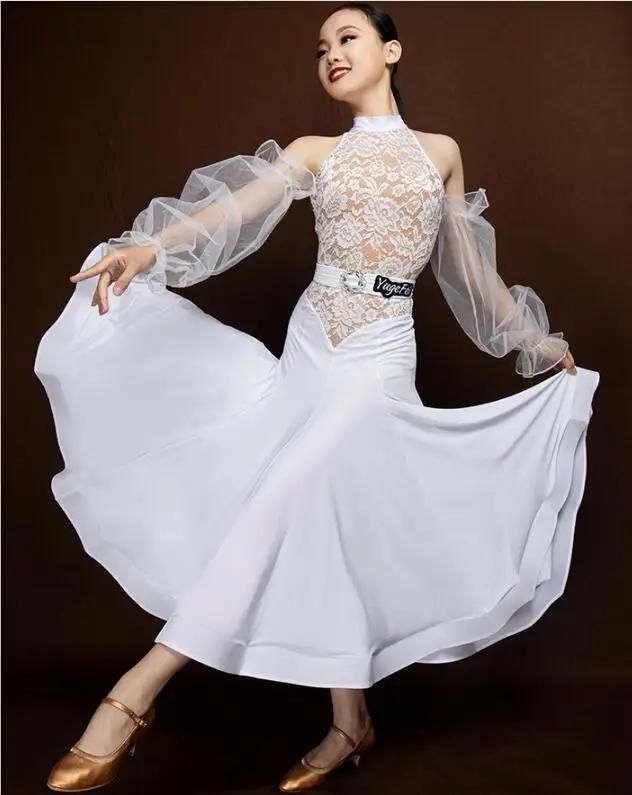 

New Style Modern Dance Dress Women White Lace Standard Stage Ballroom