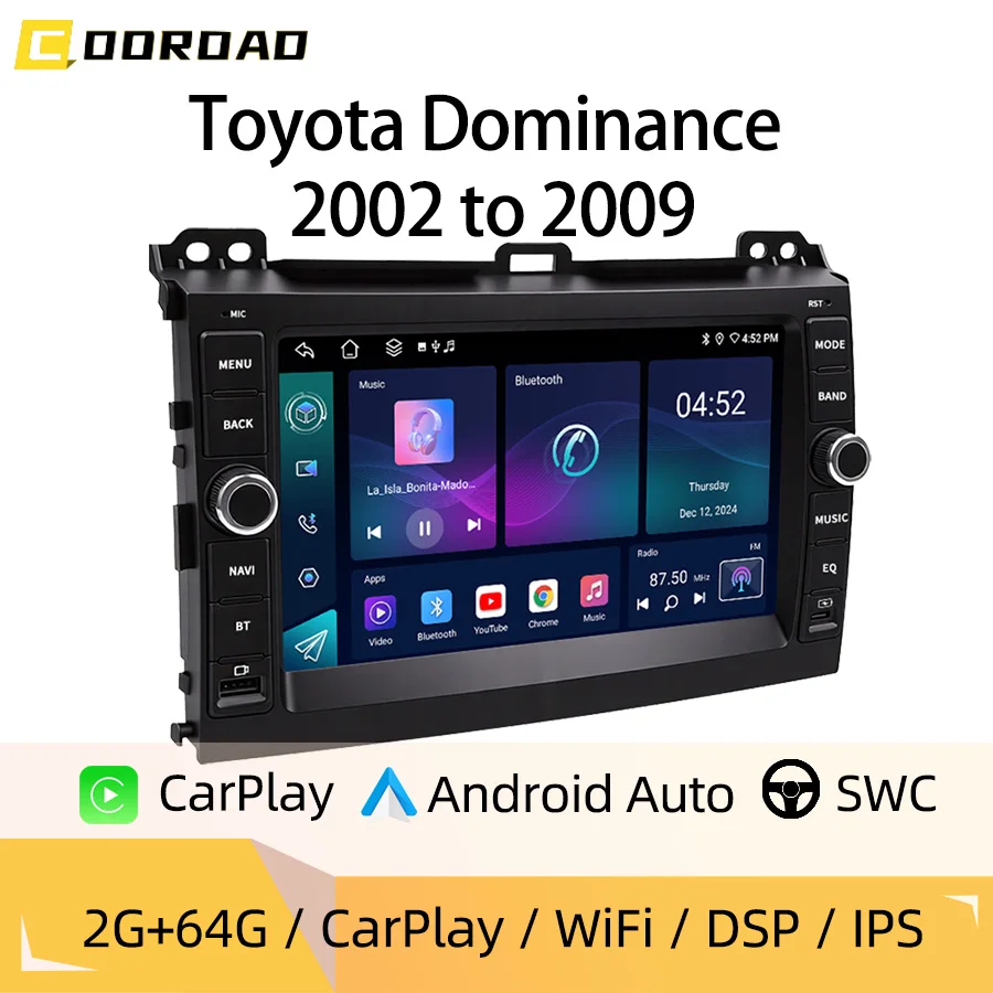 Фото 8-дюймовая автомобильная магнитола Android Type-C для Toyota Dominance 2002-2009 с беспроводным CarPlay, Android Auto, GPS-навигацией, Bluetooth и управлением с руля №1