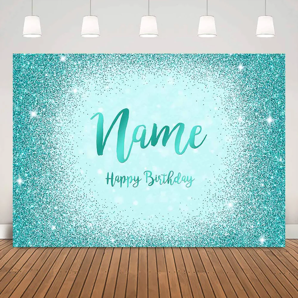 

Glitter Cyan Name Happy Birthday Background for Decorations Bokeh Shiny Dots Adult DIY Birthday Backdrops Supplies Props Photo