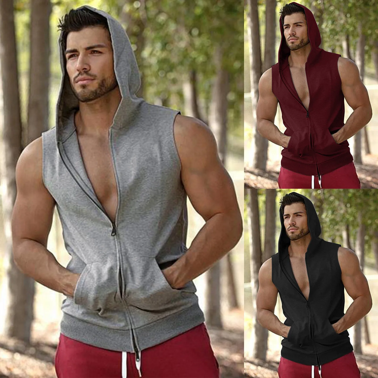 

Handsome Gym Hooded Double Zipper Tank Top Bodybuilding Cotton Sleeveless Tank Top Sports Shirt Fitness Training Sports Top Men