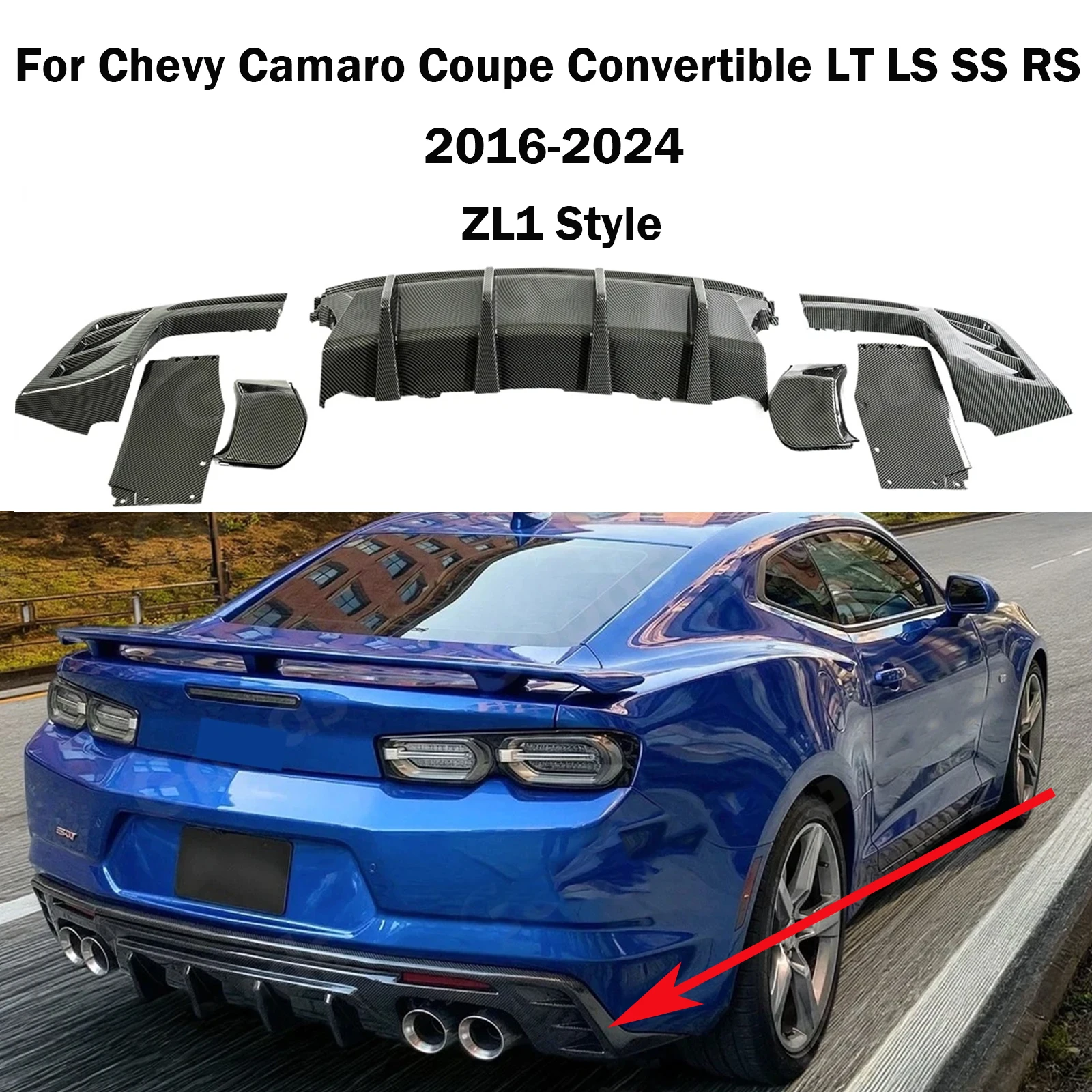 Фото Для Chevrolet Camaro Coupe Convertible LT LS SS RS 2016-2024: Задний бампер-сплиттер в стиле ZL1, карбоновый дизайн, глянцевый черный цвет №1