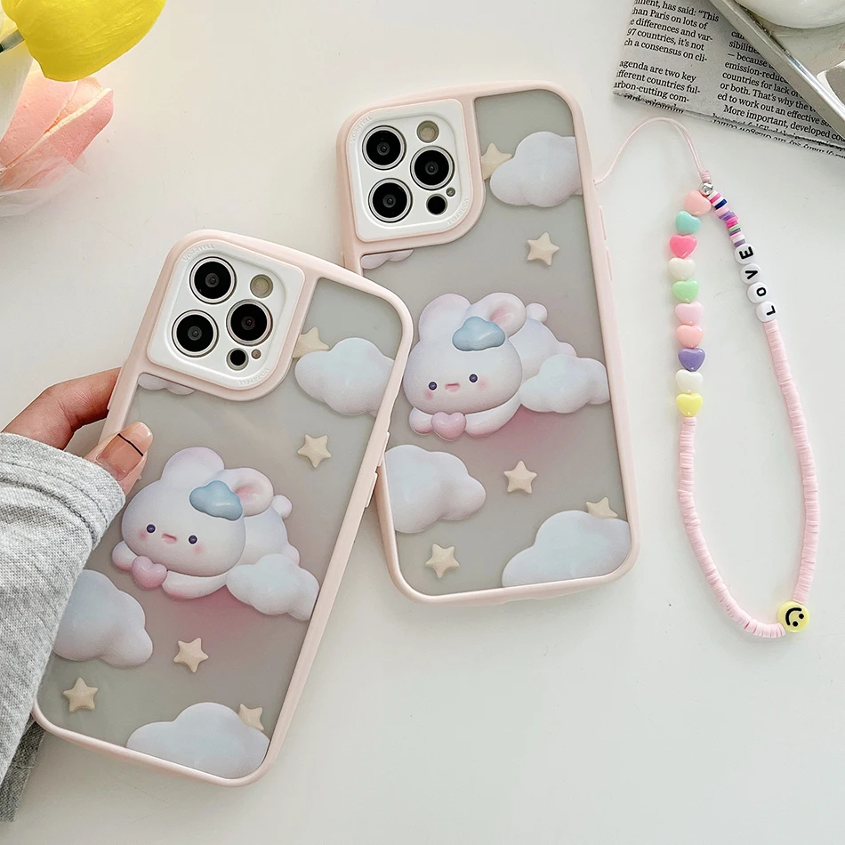 

For iPhone 13 Cute Cloud Love Rabbit Phone Case For iPhone 12 11 Pro Max X XR XS Max High Transparency Oval Shell Soft TPU Cover