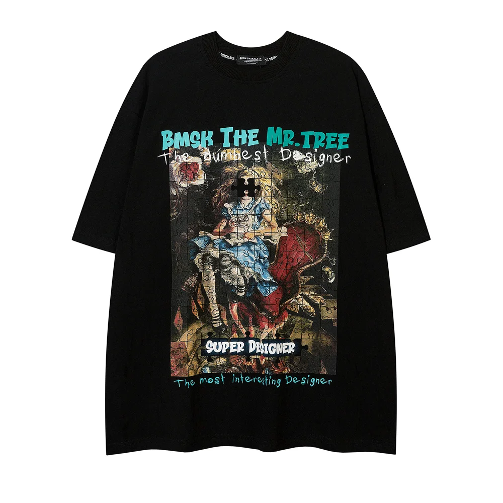 

Fashion Harajuku High Street T Shirt Cartoon Puzzle Print Oversized Tshirts Summer Hip Hop Cotton Casual Loose Short Sleeve Tops