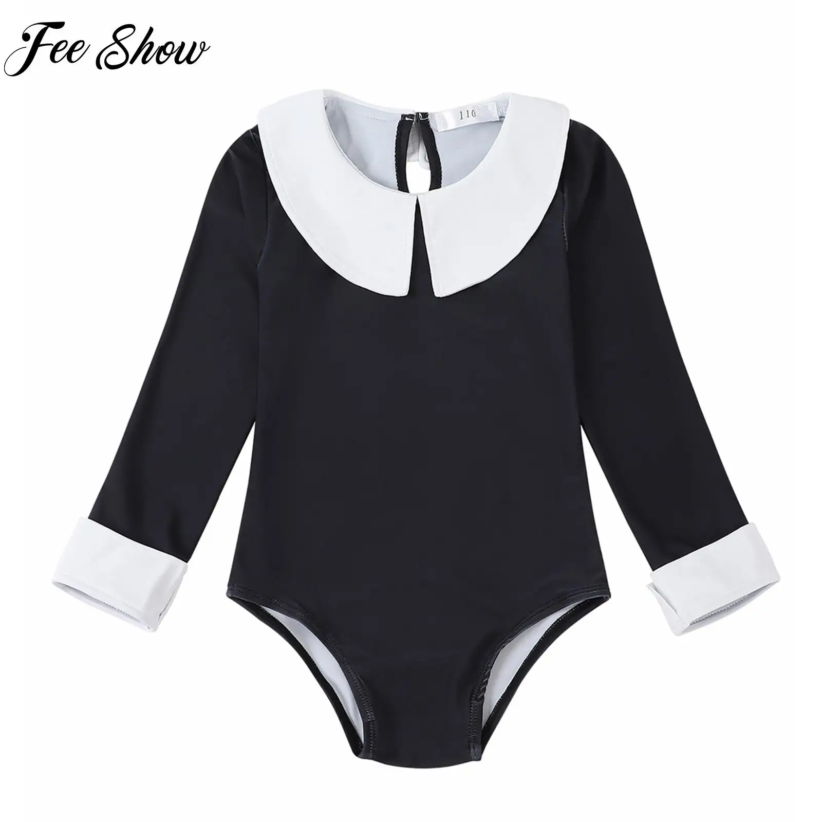 

Black Kids Girls Swimsuit Lapel Collar Long Sleeve Jumpsuit Swimsuit Rash Guard Bathing Bodysuit Pool Beach Cosplay Swimwear