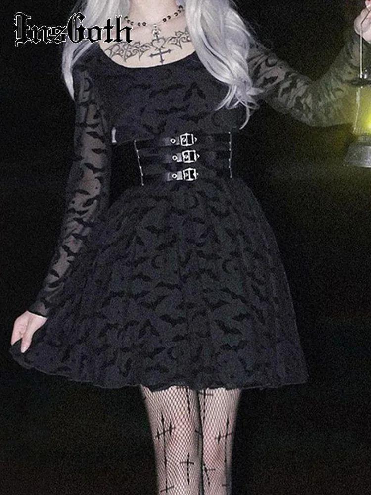 

InsGoth Bat Printed Mini Dresses Gothic Harajuku Street Woman Black Dress Hip Hop Cyberpunk High Waist Winter Long Sleeve Dress