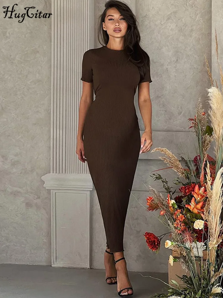 Платье-Макси женское однотонное с круглым вырезом и коротким рукавом