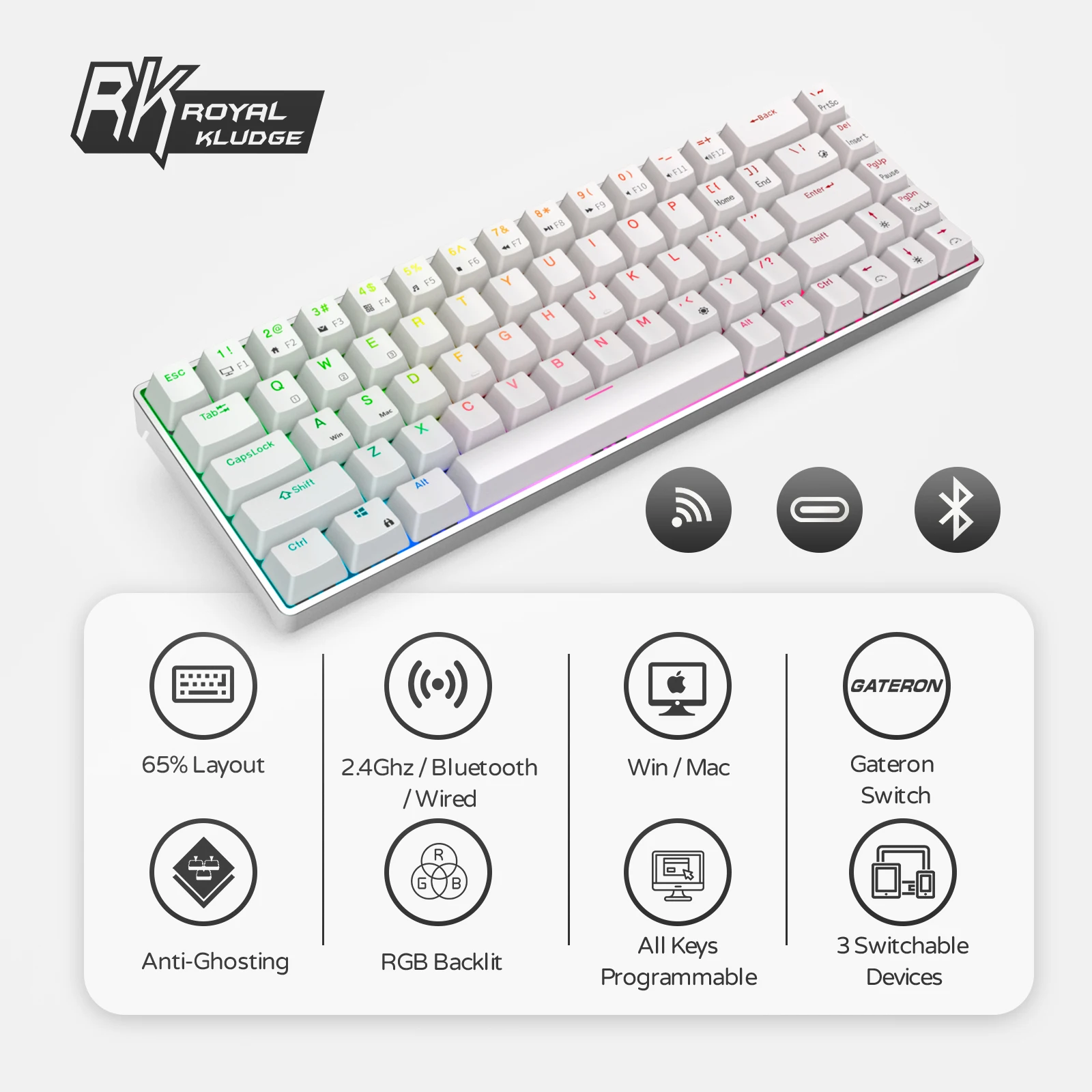 RK68 Pro RGB Backlit Hot-swap Mechanical Keyboard, 2.4Ghz Wireless/Bluetooth/Wired Gateron Switch Gaming Keyboard with CNC Case enlarge