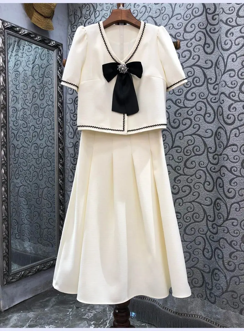 

Women's Set 2022 Autumn Fashion 2 Piece Sets High Quality Ladie Beading Bow Deco Tops Coat+Long Maxi Skirt Sets Apricot Pink
