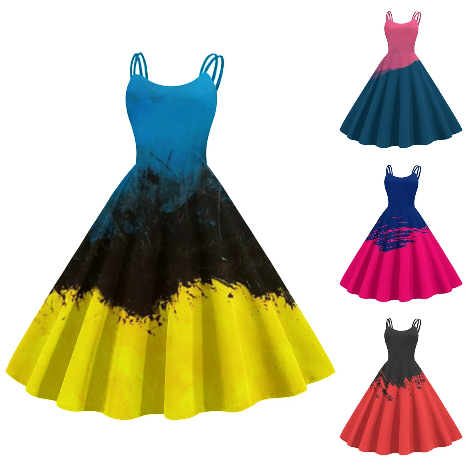 

Dresses For Women Sleeveless Knee Length Retro A Line Flared Swing Formal Prom Party Vintage Elastic Waist Dresses for Women