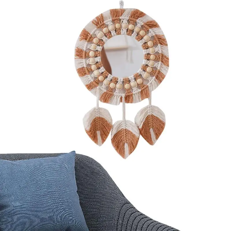 

Home Boho Wall Mirror Macrame Hanging Tapestry Mirror With Wooden Beads Cotton Rope Wall Mounted Shower Mirror Wall Decors For