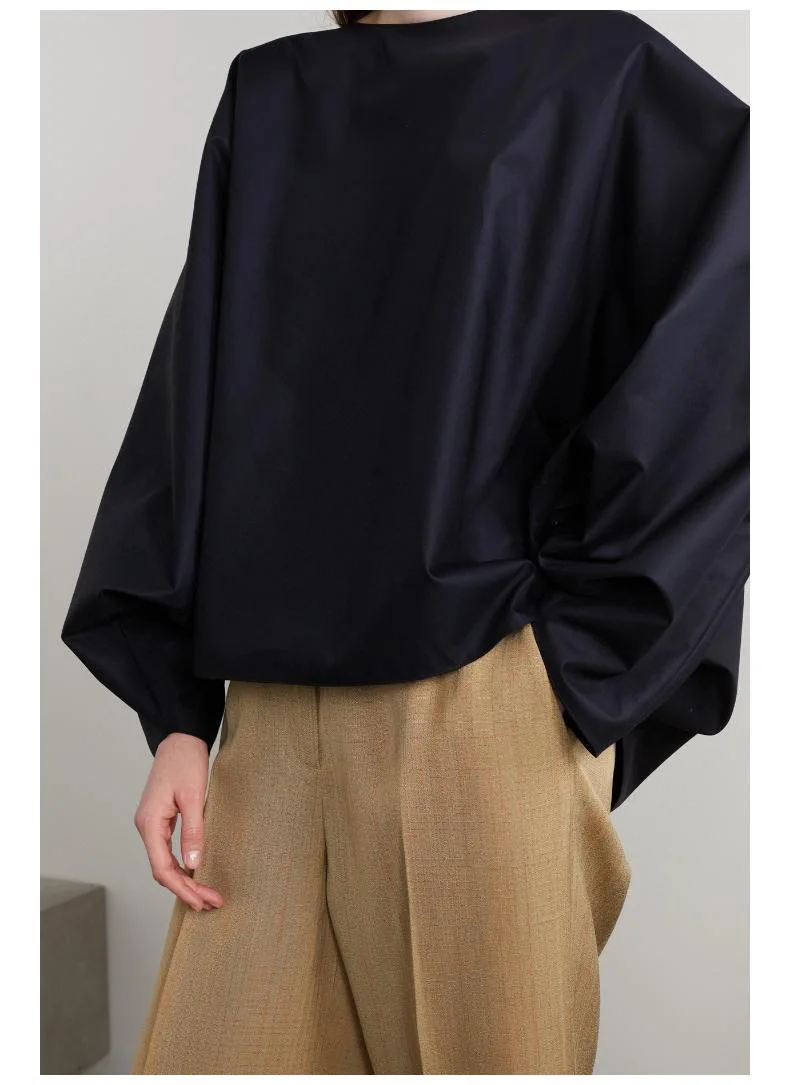 

Осенняя Женская свободная повседневная черная футболка с круглым вырезом и длинным рукавом летучая мышь