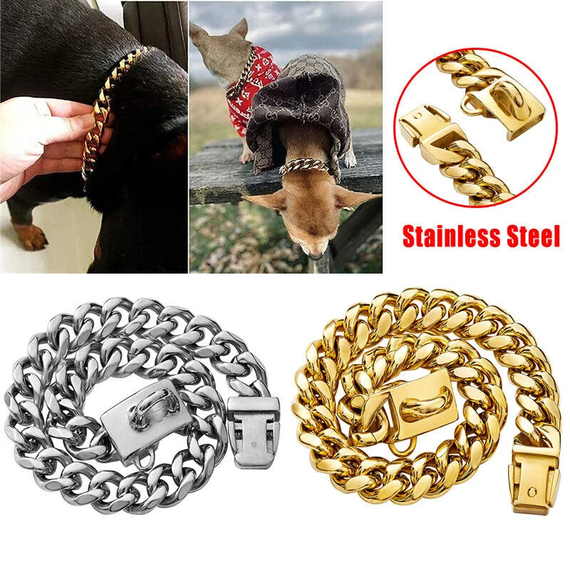 

14MM Strong Cuban Link Chain Stainless Steel Dog Necklace Gold Puppy Collar Safety Buckle Training Collar Pet Walking Collars