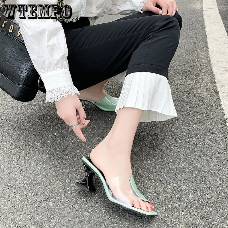 WTEMPO Women High Heels Shoes Patchwork Transparent Sandals Femmes Clear Square Open Toe Slides Wholesale Dropshipping