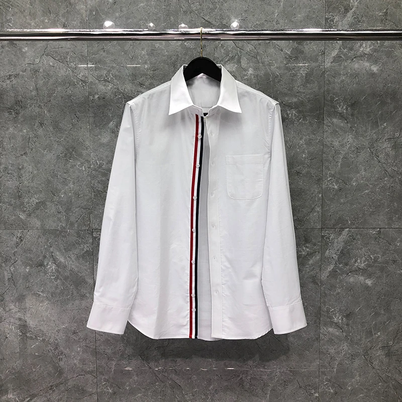 

TB THOM Men's Long-Sleeve Shirts Regular-fit Casual Striped Webbing Classic T-Shirt Luxury Brand Fashion Cotton Shirts For Men