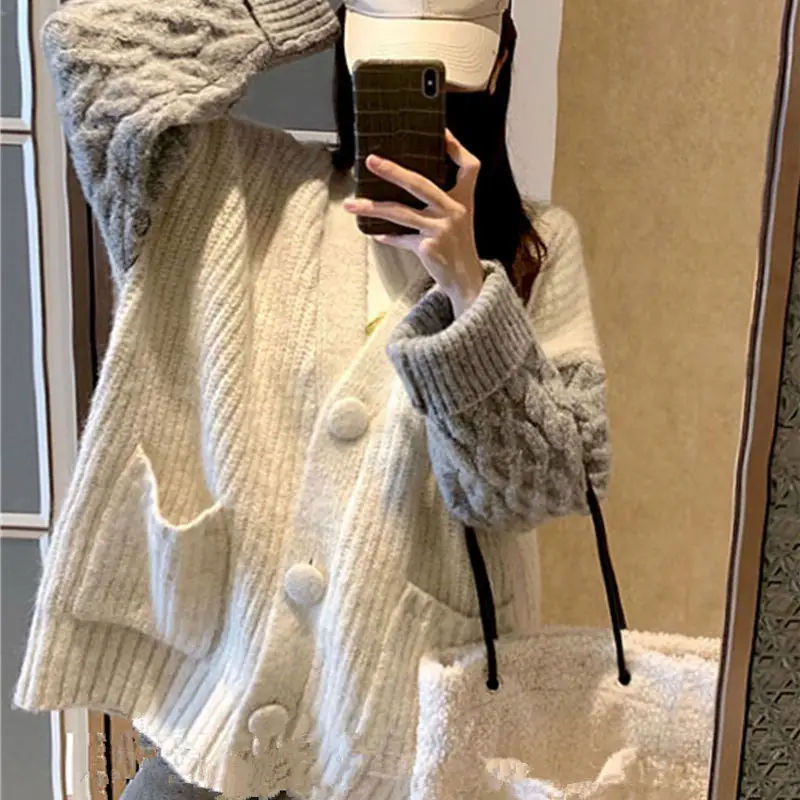 

Knitted Cardigan Women Elegant Sweaters Korean Casual Loose Coats Streetwear Knitwear Warm Thickening Regular Outerwears T538