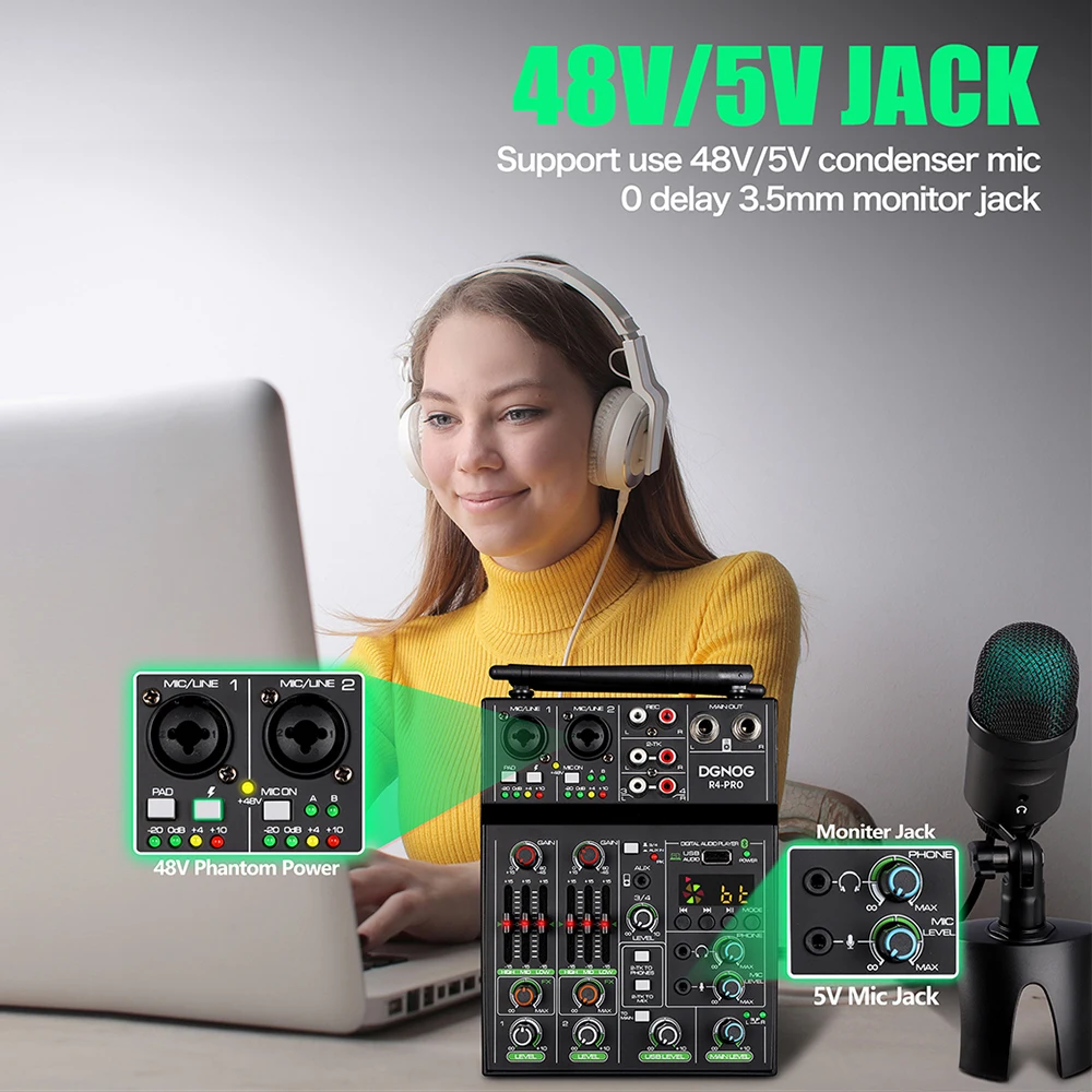 4 Channel USB Audio Mixer with Wireless Microphone Studio Sound Mixers with Bluetooth REC DJ Console Mixing for Karaoke